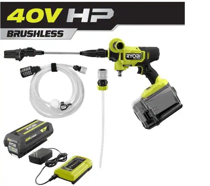 Photo 1 of RYOBI
40-Volt HP Brushless EZClean 600 PSI 0.7 GPM Cold Water Power Cleaner with 2.0 Ah Battery and Charger