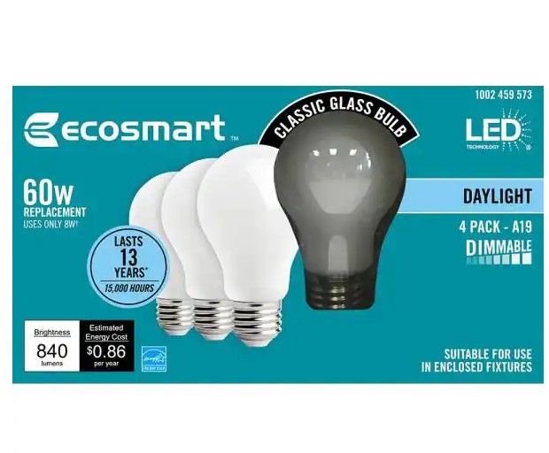 Photo 1 of 2 BOXES EcoSmart
60-Watt Equivalent A19 Dimmable Energy Star Frosted Filament LED Light Bulb Daylight (4-Pack)