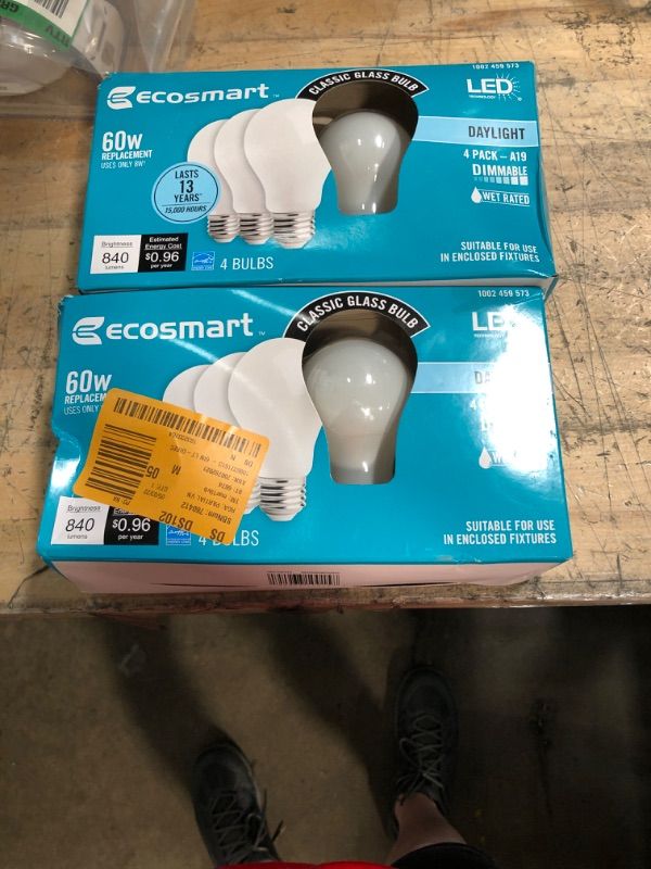 Photo 2 of 2 BOXES EcoSmart
60-Watt Equivalent A19 Dimmable Energy Star Frosted Filament LED Light Bulb Daylight (4-Pack)