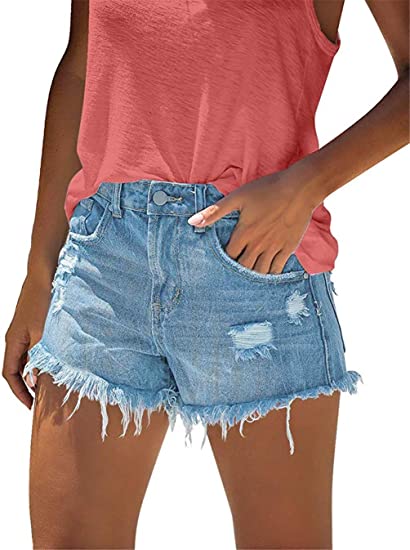 Photo 1 of  Cut Off Denim Shorts for Women Frayed Distressed Jean Short Cute Mid Rise Ripped Hot Shorts Comfy Stretchy (Medium)