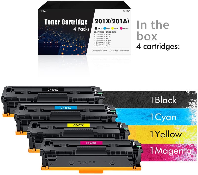 Photo 1 of 201X 201A CF400X Toner Cartridges: Compatible 4 Packs CF400A CF401X CF402X CF403X Toner Replacement for HP Color Laser Pro MFP M277DW M277N M252DW M277C6 M277 M252 Printer (Black Cyan Magenta Yellow)
