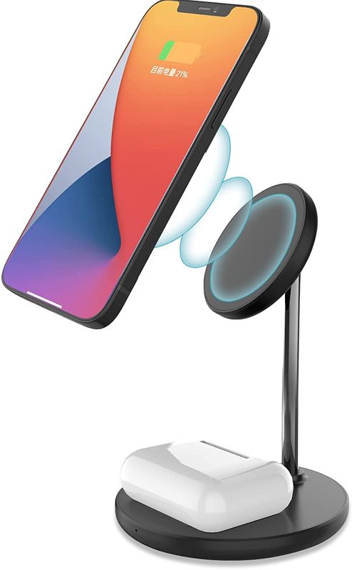 Photo 1 of Magnetic 2 in 1 Wireless Charger Stand for iPhone 13 iPhone 12, Fast Charging, Wireless Charging Station for AirPods, iPhone 13/12, 13 Pro/12 Pro, 13 Pro Max/12 Pro Max, 13 Mini/12 Mini, DARK GREY
