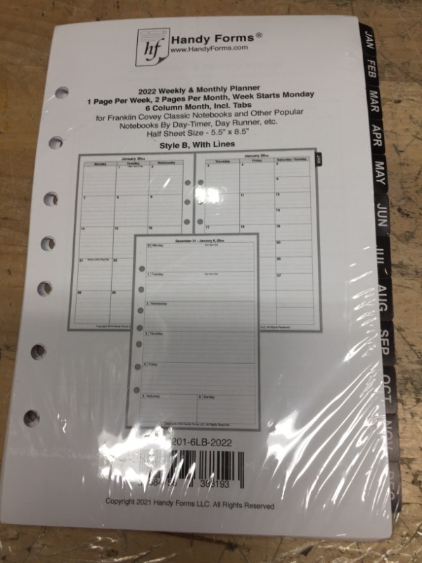 Photo 2 of 2022 Weekly & Monthly Planner for 7-Ring notebooks Such as Franklin, etc. (5.5" x 8.5"). 1 Page Per Week, 2 Pages Per Month, Week Starts on Monday. Style B, with Lines.
