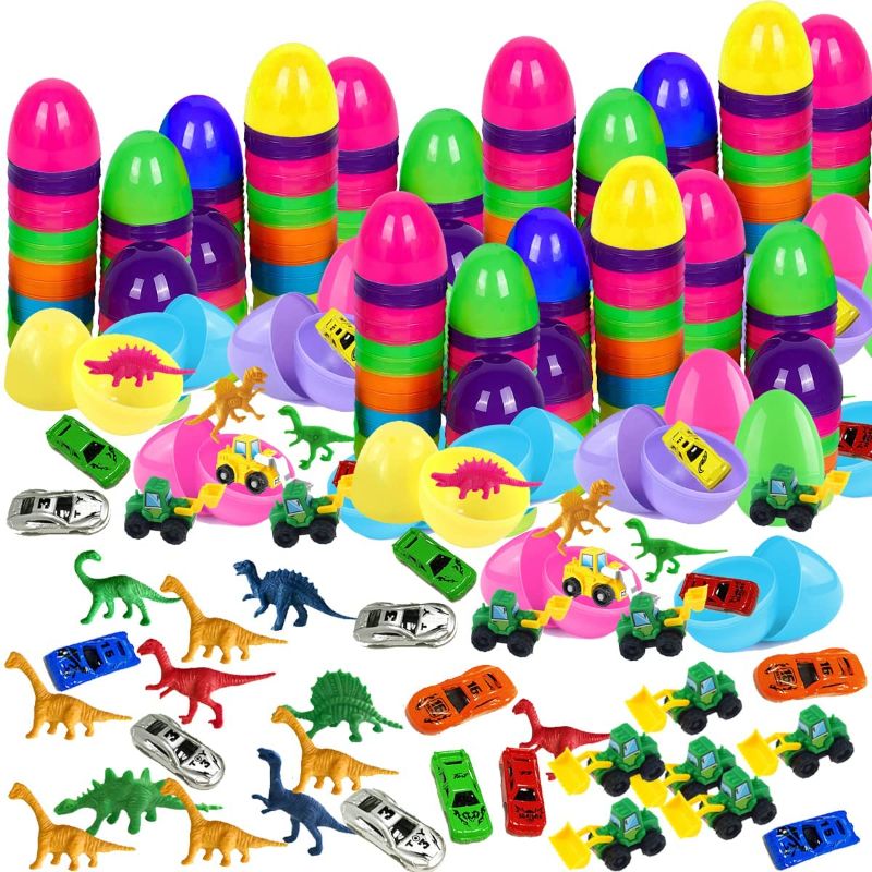 Photo 1 of Betogeth Surprise Empty Easter Eggs Mini Size 2.4" for Filling Specific Treats, 102PCS Assorted Color Plastic Easter Eggs Hunt with Mini Pull Back Vehicles Kinds of Toys Kids Classroom Prize Supplies, Birthday Party Favors Mini Gifts
