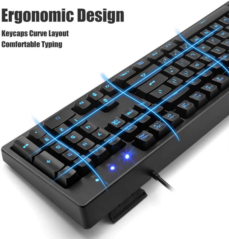 Photo 1 of Basaltech Mechanical Feeling Keyboard with LED Backlit, 104-Key Quiet Membrane Keyboard for Gaming or Office, Ergonomic Silent Water-Resistant Light Up Wired USB for Computer,Mac,Laptop
