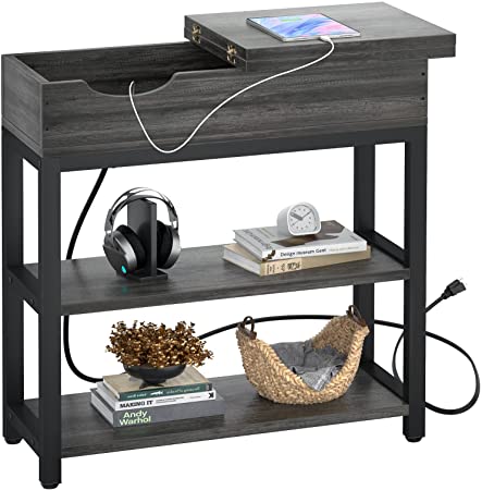 Photo 1 of Aheaplus End Table, Sofa Table Narrow Flip Top with USB Ports &Outlets for Small Spaces, Side Table with Storage Shelves, Nightstand with Metal Frame for Living Room, Black Oak
 23.6"D x 11.8"W x 24.5"H
