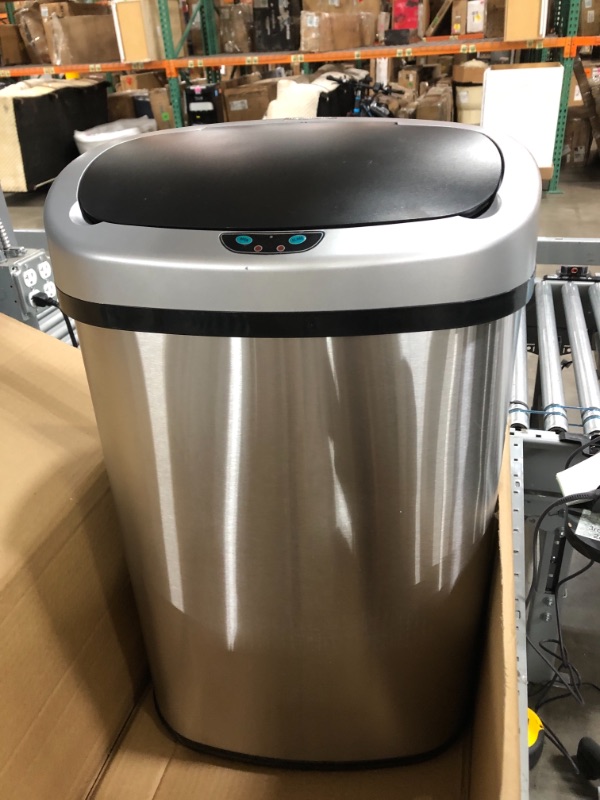 Photo 1 of USED: iTouchless 13 Gallon SensorCan KitchenTrash Can with Odor Filter, Stainless Steel, Oval Shape, Sensor-Activated Lid Garbage Bin for Home, Office, Slim Space-Saving, Battery & AC Adapter not included 16 x 11.75 x 25.5 inches

