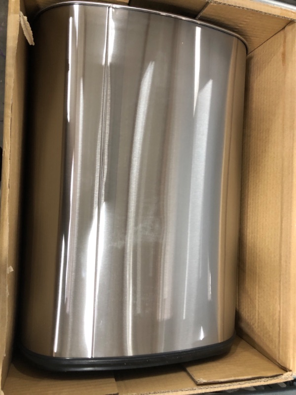 Photo 1 of USED: iTouchless 13 Gallon SensorCan KitchenTrash Can with Odor Filter, Stainless Steel, Oval Shape, Sensor-Activated Lid Garbage Bin for Home, Office, Slim Space-Saving, Battery & AC Adapter not included 16 x 11.75 x 25.5 inches

