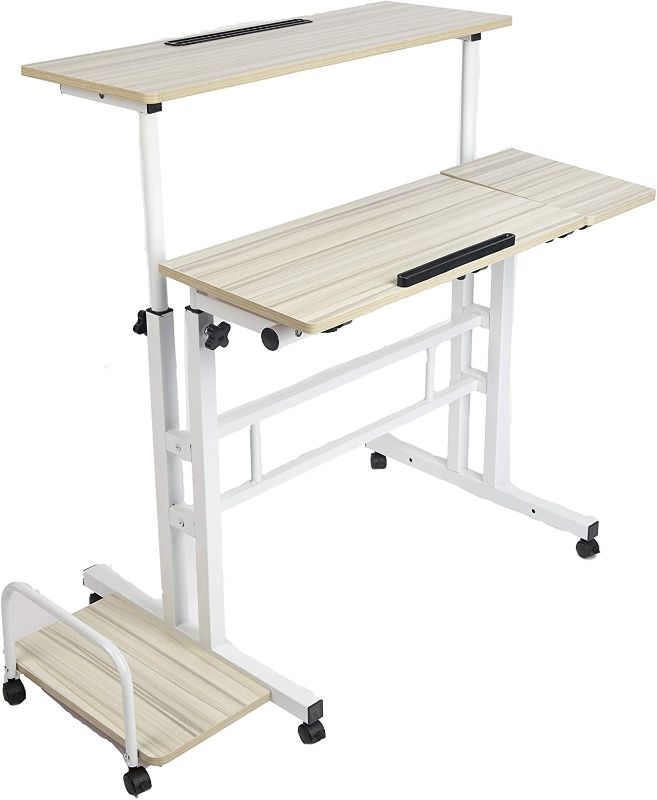 Photo 1 of Mind Reader SDROLLXL-WHT Mobile Sitting, Standing Desk Rolling Reversible Home Office Laptop Workstation with Side Storage, Locking Wheels, X-Large, White
