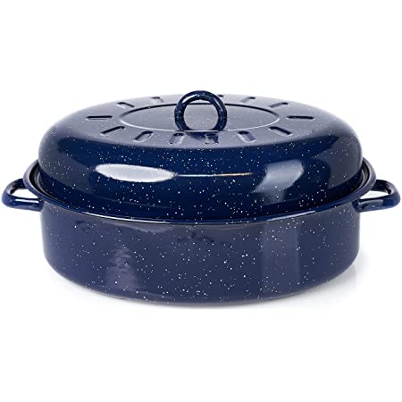 Photo 1 of 18" Traditional Vintage Style Blue Speckled Enamel on Steel Covered Oval Roaster
