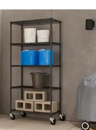 Photo 1 of 
TRINITY PRO Black 5-Tier Rolling Steel Wire Garage Storage Shelving Unit (36 in. W x 77 in. H x 18 in. D)

