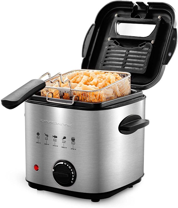 Photo 1 of Ovente Electric Deep Fryer 1.5 Liter, 800W Power with Removable Basket & Cool-Touch Handle, Odor Filter Lid, Compact and Easy to Store Fryer, Silver FDM1501BR
