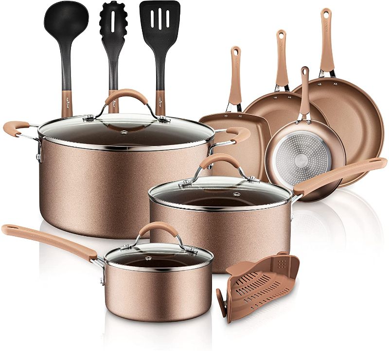 Photo 1 of 20-Piece Nonstick Kitchen Cookware Set - PTFE/PFOA/PFOS-Free Heat Resistant Kitchen Ware Pots Baking Pan Set w/ Saucepan, Frying Pans, Cooking Pots, Oven Pot, Lids, Matt Gold NutriChef
