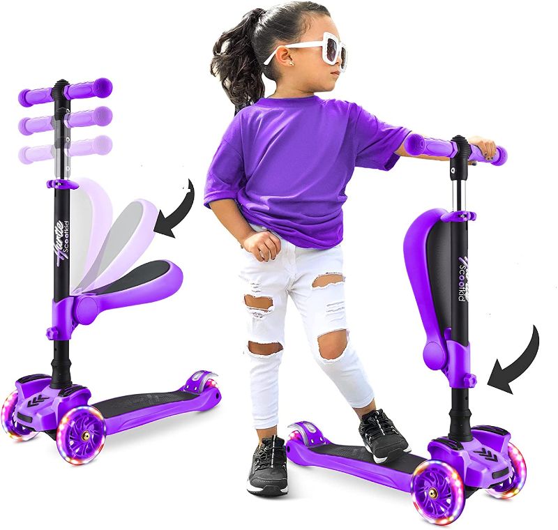 Photo 1 of 3 Wheeled Scooter for Kids - Stand & Cruise Child/Toddlers Toy Folding Kick Scooters w/Adjustable Height, Anti-Slip Deck, Flashing Wheel Lights, for Boys/Girls 2-12 Year Old - Hurtle HURFS56
