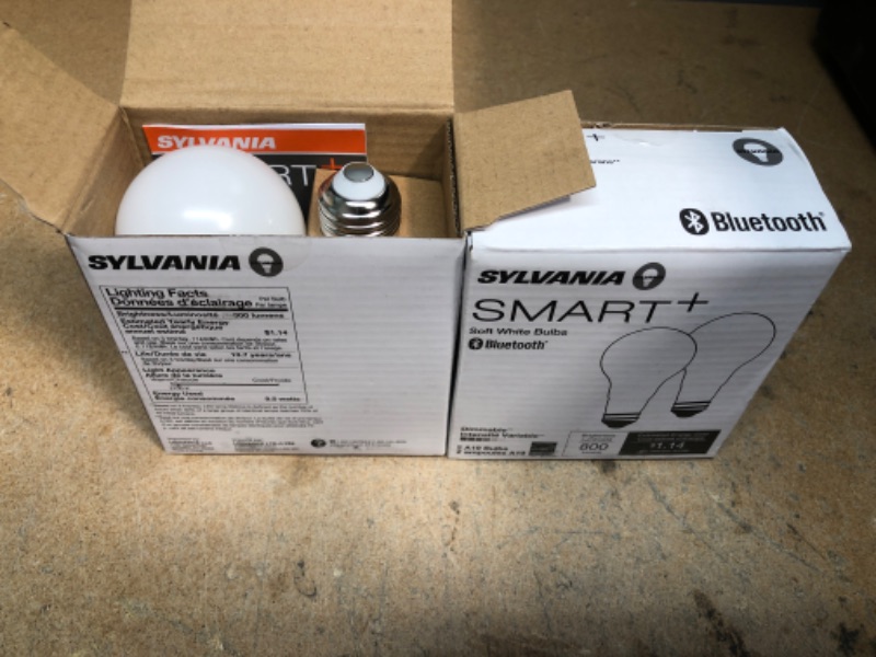 Photo 2 of SYLVANIA Bluetooth Mesh LED Smart Light Bulb, One Touch Set Up, A19 60W Equivalent, E26, Soft White, Works with Alexa Only (4 PACK) (75761)
