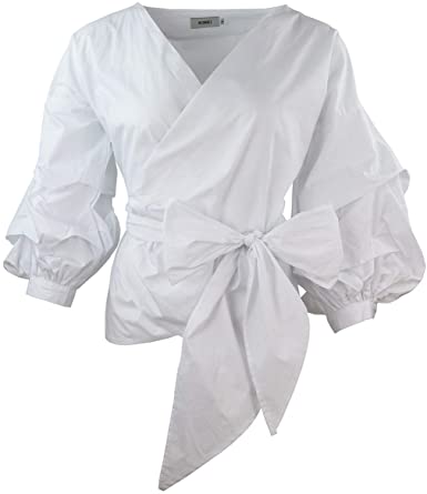 Photo 1 of AOMEI Women Spring Summer Blouses with Puff Sleeve Sashes Shirts Tops XS 
