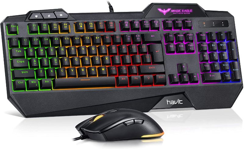 Photo 1 of havit Wired Gaming Keyboard Mouse Combo LED Rainbow Backlit Gaming Keyboard RGB Gaming Mouse Ergonomic Wrist Rest 104 Keys Keyboard Mouse 4800 DPI for Windows PC Gamers (Black)
