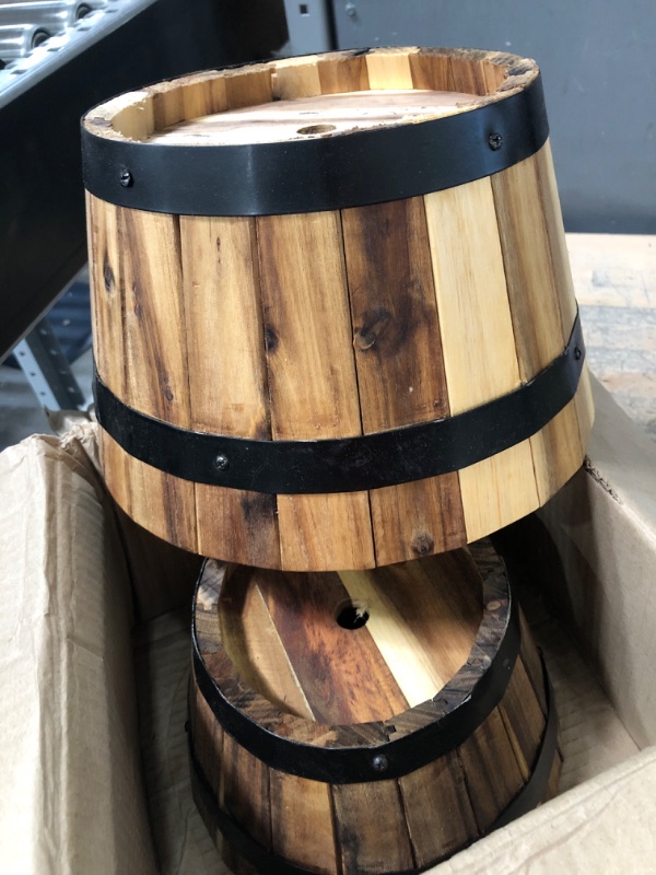 Photo 2 of Thirteen Chefs Villa Acacia Large 18 and 15 Inch Round Wooden Planters, Whisky Barrel Style Acacia Wood with Metal Bands 15" & 18"