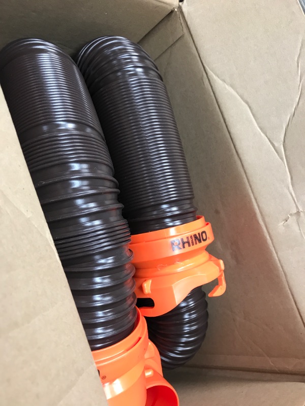 Photo 2 of Camco 20' (39742) RhinoFLEX 20-Foot RV Sewer Hose Kit, Swivel Transparent Elbow with 4-in-1 Dump Station Fitting-Storage Caps Included , Black , Brown 20ft Sewer Hose Kit Frustration-Free Packaging