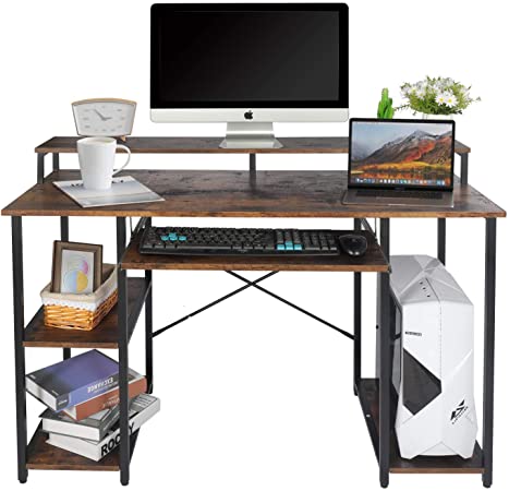 Photo 1 of YGBH Computer Desk with Hutch, Office Desk with Keyboard Tray, Modern Writing Study Desk for Small Spaces, Desk with Open Shelves and Monitor Shelf 46.5"D x 19"W x 34.2"H

