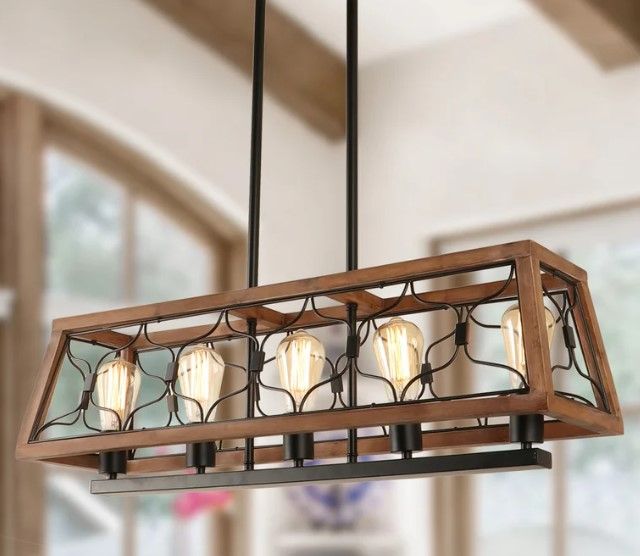 Photo 1 of 5-Light Kitchen Island Chandelier Ceiling Light, Wood Chandelier Rectangle Farmhouse Pendant Lights For Dining Room Lighting Fixtures Hanging, Rustic Linear Pendant Lighting Fixture
