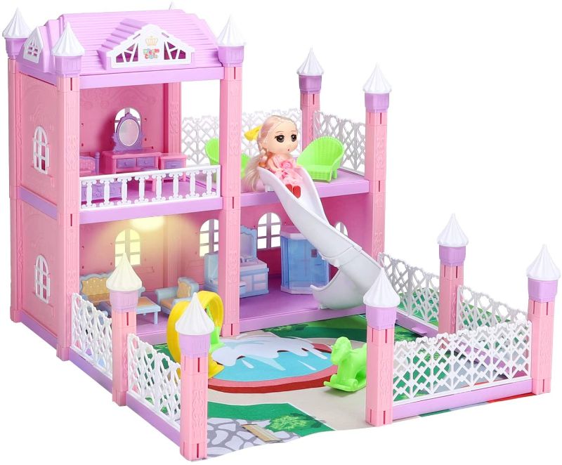 Photo 1 of Dollhouse, Dream House Kit with Led Luminous DIY Pretend Play Doll House Building Toys Playset Accessories with Furniture/Dolls/Pets/Slide for Toddlers Girls Best Gifts
