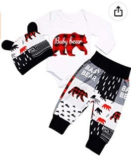 Photo 1 of Newborn Baby Boy Girl Clothes Outfits Baby Bear Letter Print Romper Long Pants Hat 3PCS Fall Winter Set
