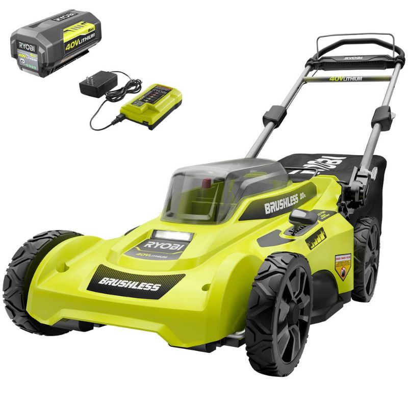 Photo 1 of 
RYOBI
40V Brushless 20 in. Cordless Battery Walk Behind Push Lawn Mower with 6.0 Ah Battery and Charger