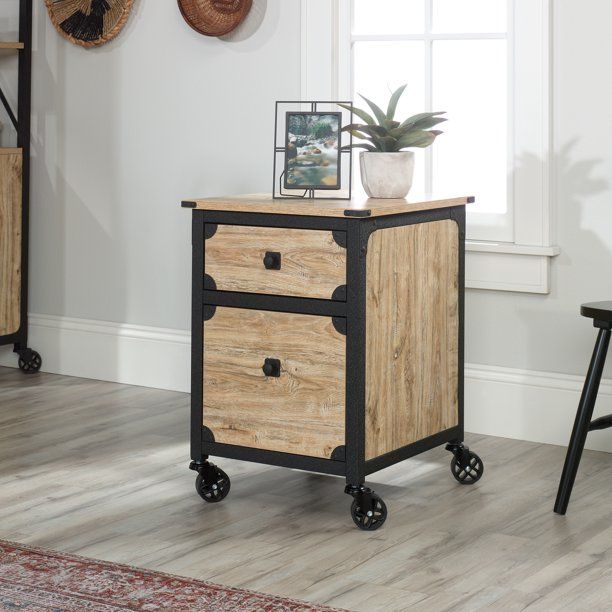 Photo 1 of **MISSING HARDWARE** Sauder Steel River Rustic Metal & Wood Rolling Pedestal Letter-size File Cabinet, Milled Mesquite Finish

