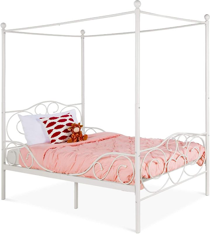 Photo 1 of **MISSING HARDWARE** Best Choice Products 4-Post Metal Canopy Twin Bed Frame for Kids Bedroom, Guest Room w/Heart Scroll Design, 14-Slat Support System, Headboard, Footboard - White
