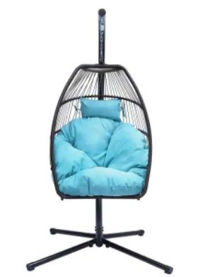 Photo 1 of **MISSING HARDWARE** Metal Blue Patio Swing with Cushion and Pillow