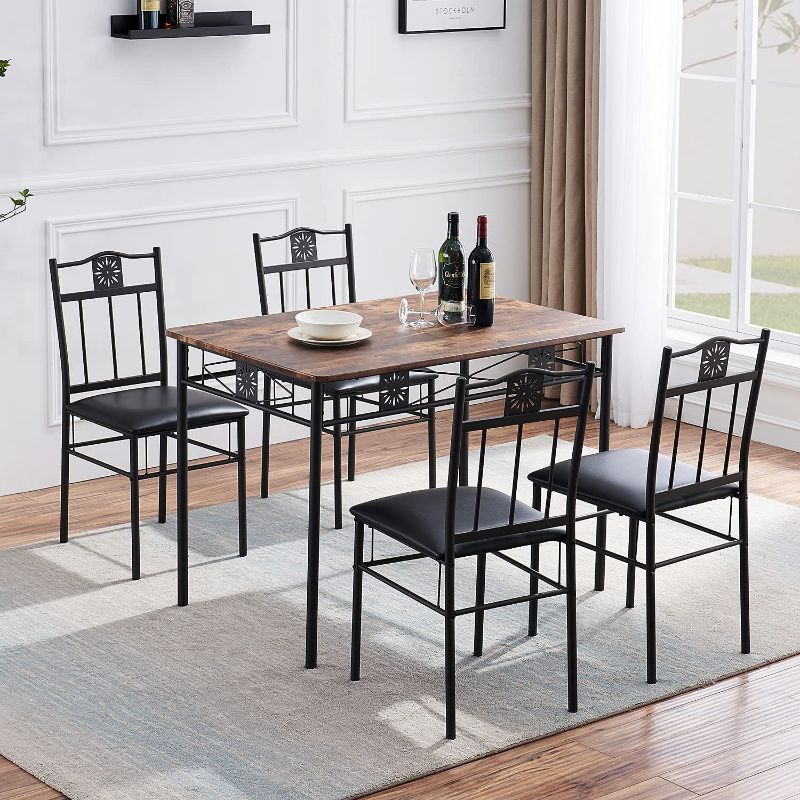 Photo 1 of **MISSING HARDWARE* VECELO Kitchen Dining Room Table Sets for 4, 5 Piece Metal and Wood Rectangular Breakfast Nook, Dinette with Chairs, Rustic, Retro-Brown
