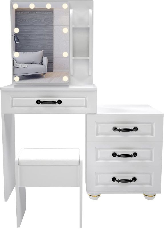 Photo 1 of **MISSING HARDWARE**MINOR DAMAGE** Saihemei Makeup Vanity Desk with Lighted Mirror, Dressing Table Set with Soft Cushioned Stool, 4 Drawers and 3 Compartments, 10 Led Lights and 3 Light...
