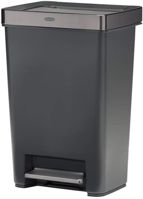 Photo 1 of **DAMAGED LID** Rubbermaid Premier Series IV Step-On Trash Can for Home and Kitchen, with Stainless Steel Lid, 12.4 Gallon, Charcoal

