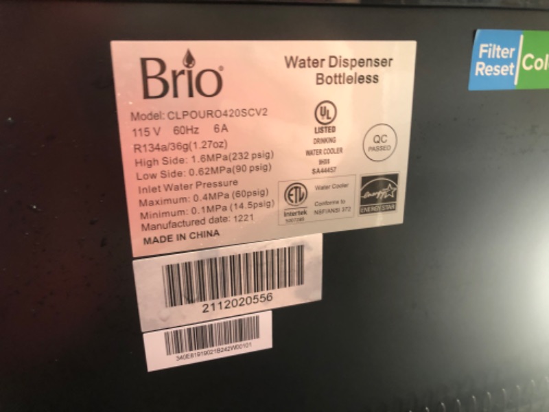 Photo 3 of Brio Commercial Grade Bottleless Ultra Safe Reverse Osmosis Drinking Water Filter Water Cooler Dispenser-3 Temperature Settings Hot, Cold & Room Water - UL/Energy Star Approved – Point of Use
