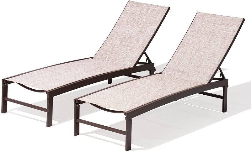 Photo 1 of Aluminum Patio Chaise Lounge Chair, Pellebant Adjustable Chair with 5 Positions and Flat Position, Folding Outdoor Recliners All Weather for Beach, Pool and Yard, 2 Pcs, Beige
