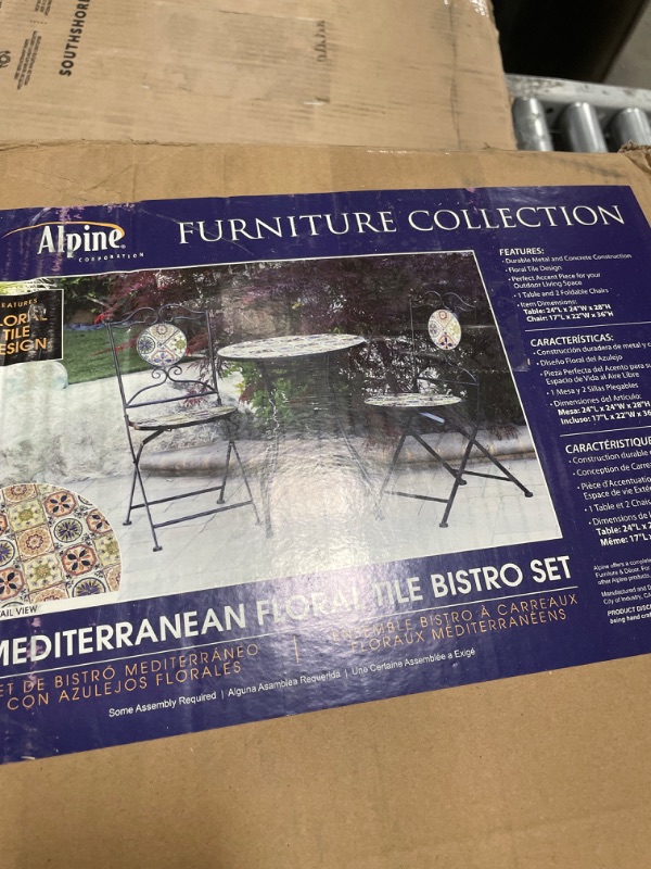 Photo 2 of Alpine Corporation Alpine Indoor/Outdoor Mediterranean Tile Design Set Table and Chairs Patio Seating Garden Furniture, Multicolor
