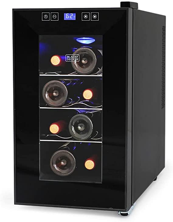 Photo 1 of BLACK+DECKER 8 Bottle Wine Fridge, Thermoelectric, Wine Fridge Small with Triple Pane Clear Glass Door, Mini Wine Fridge, BD60026 20.1 x 10.24 x 18.5 inches

