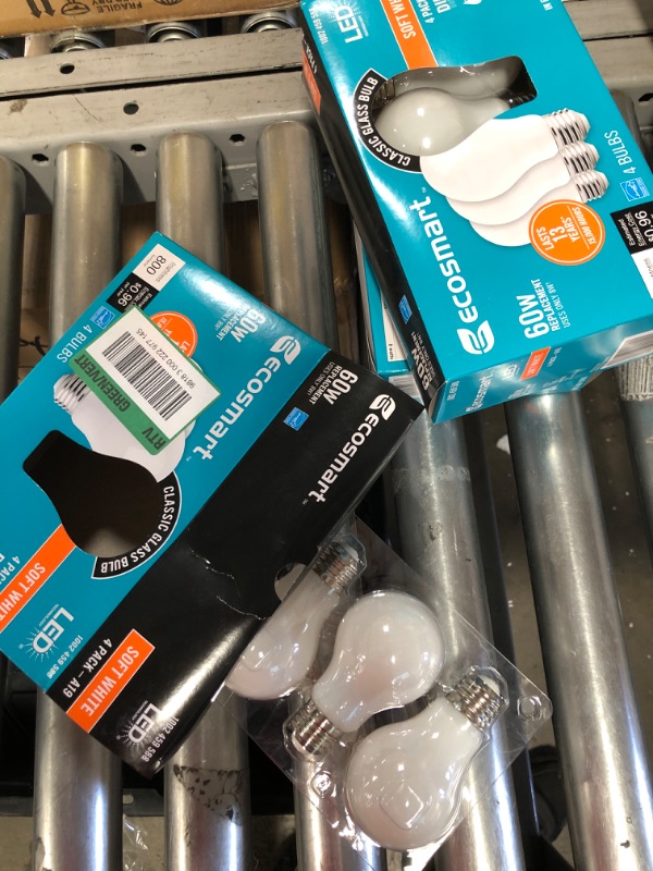 Photo 2 of **SET OF 12** EcoSmart 60-Watt Equivalent A19 Dimmable ENERGY STAR Frosted Filament LED Light Bulb Soft White (4-Pack)
