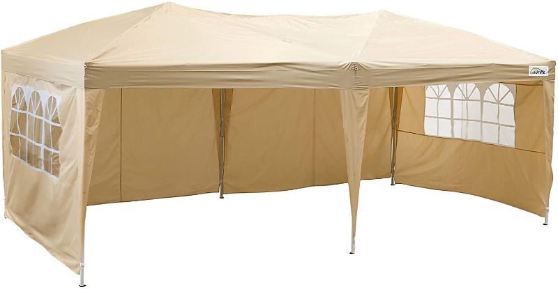 Photo 1 of **MINOR DAMAGE** GOUTIME Ez Pop up Canopy Party Event Tent, 10 X 20 feet, with 4Pcs 10Ft Removable Sidewalls and Wheeled Bag(10'x 20', Beige)
