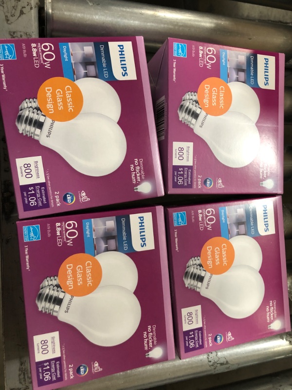 Photo 2 of 60-Watt Equivalent A19 Dimmable Energy Saving LED Light Bulb in Frosted Glass Daylight (5000K) (2-Pack)
4 boxes 