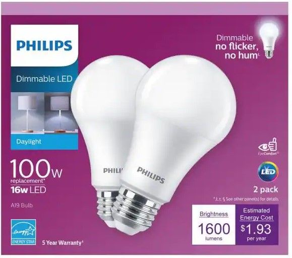 Photo 1 of 100-Watt Equivalent A19 Dimmable Energy Saving LED Light Bulb Daylight (5000K) (2-Pack)
4boxes 