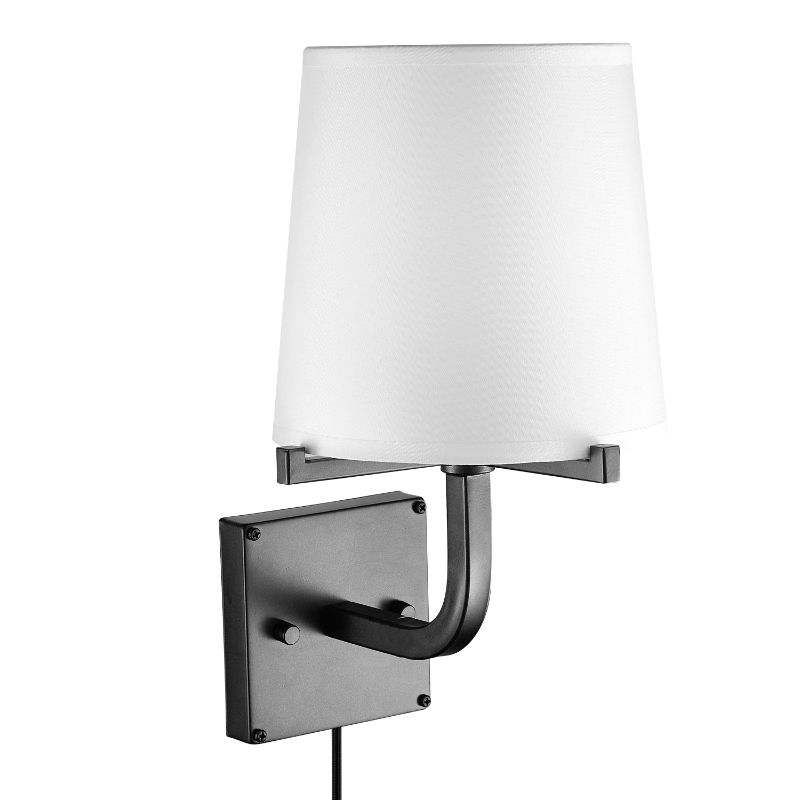 Photo 1 of Globe Electric Valerie 1-Light Dark Bronze Plug-In or Hardwire Wall Sconce with White Fabric Shade, 51515
