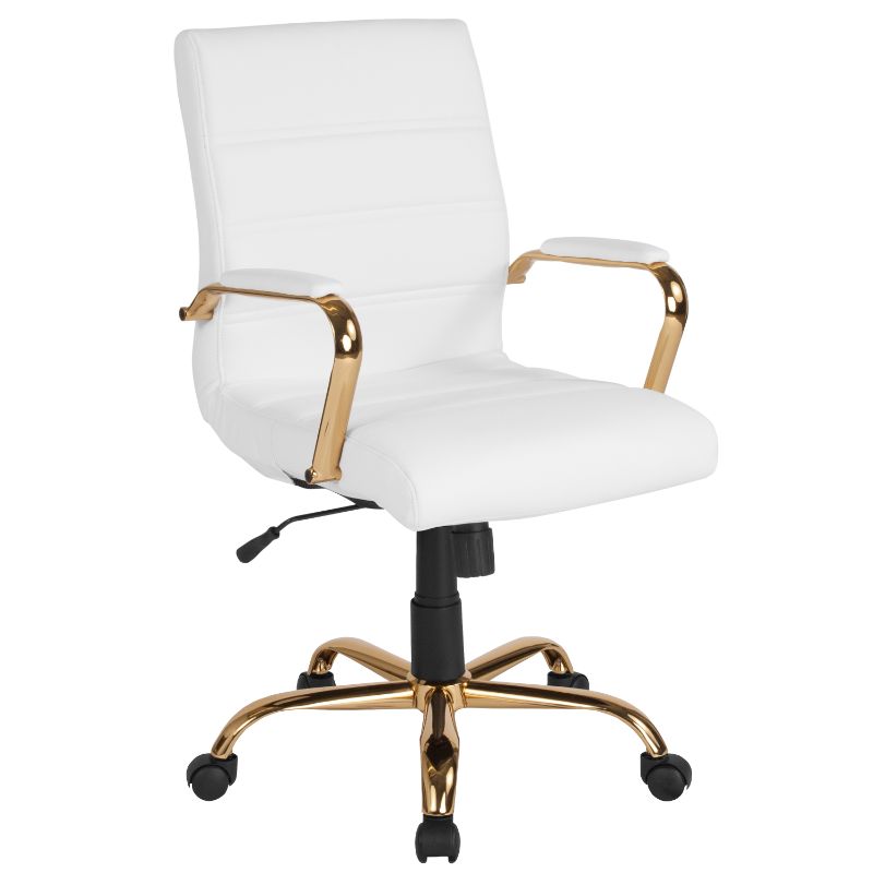 Photo 1 of *MISSING HARDWARE, base, cylinder AND MISSING WHEELS* just the cushions and legs
Flash Furniture Leathersoft Mid-Back Office Chair with Chrome Base and Arms, White/Gold
