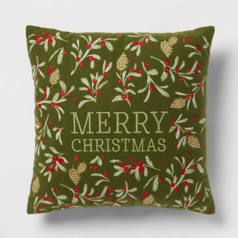 Photo 1 of 'Merry Christmas' Embroidered Square Throw Pillow Green - Threshold™ pack of 3
