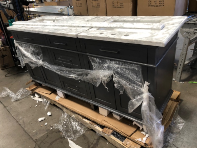 Photo 4 of (MARBLE CRACKED IN HALF; DAMAGED FRAME; BROKEN LEG)
Home Decorators Collection Sonoma 72 in. W X 22 in. D Vanity in Dark Charcoal with Vanity Top in Carrara with White Basins
