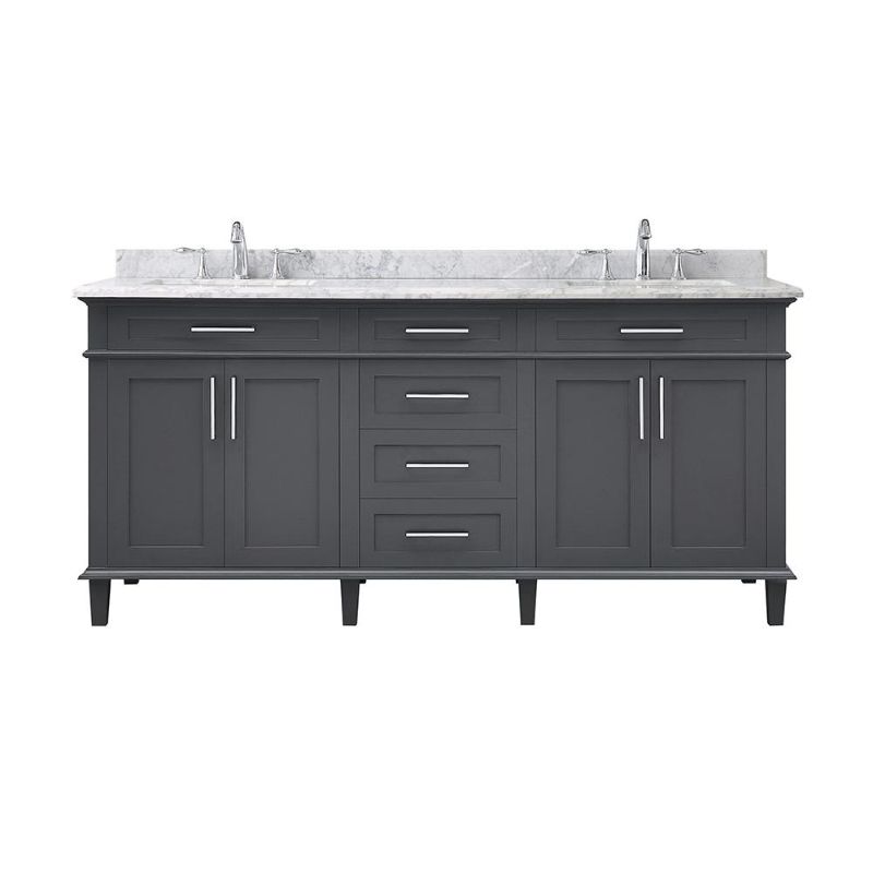 Photo 1 of (MARBLE CRACKED IN HALF; DAMAGED FRAME; BROKEN LEG)
Home Decorators Collection Sonoma 72 in. W X 22 in. D Vanity in Dark Charcoal with Vanity Top in Carrara with White Basins

