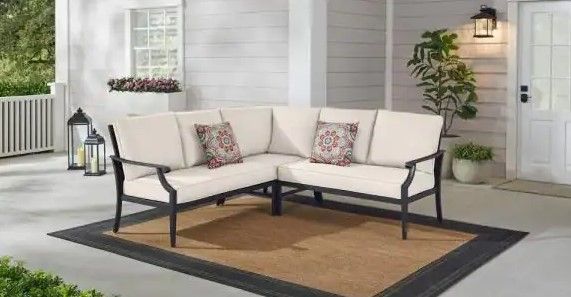 Photo 1 of *MISSING COVERS* Hampton Bay Braxton Park 3-Piece Black Steel Outdoor Patio Sectional Sofa with CushionGuard Almond Tan Cushions