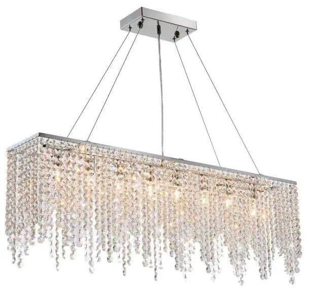 Photo 1 of 
SILJOY Shire 32 in. Chrome Crystal Modern Chandelier, 7-Light Kitchen Island Chandelier, Linear Dining Room Pendant Lighting