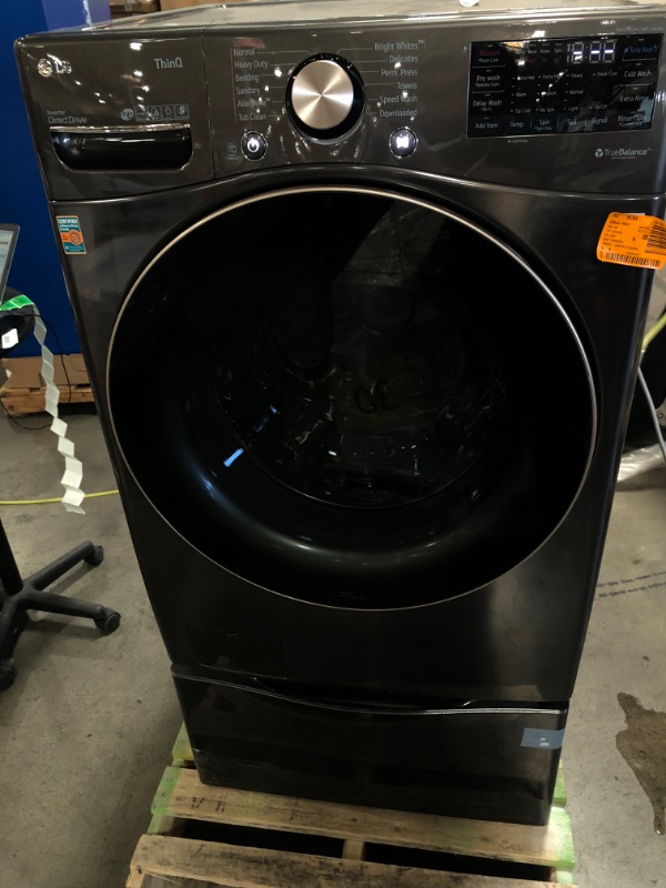 Photo 3 of LG - 4.5 Cu. Ft. High Efficiency Stackable Smart Front-Load Washer with Steam and Built-In Intelligence - Black steel with LG - 27" Laundry Pedestal with Storage Drawer - Black steel

